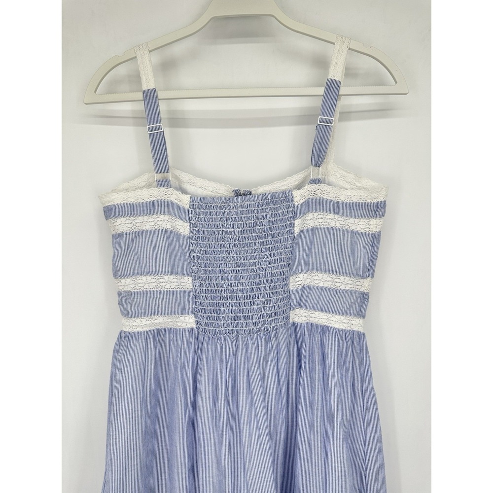 GAP Lace Trim Maxi Dress S Petite Blue Stripe Cotton Button Front Cottagecore - Picture 13 of 16